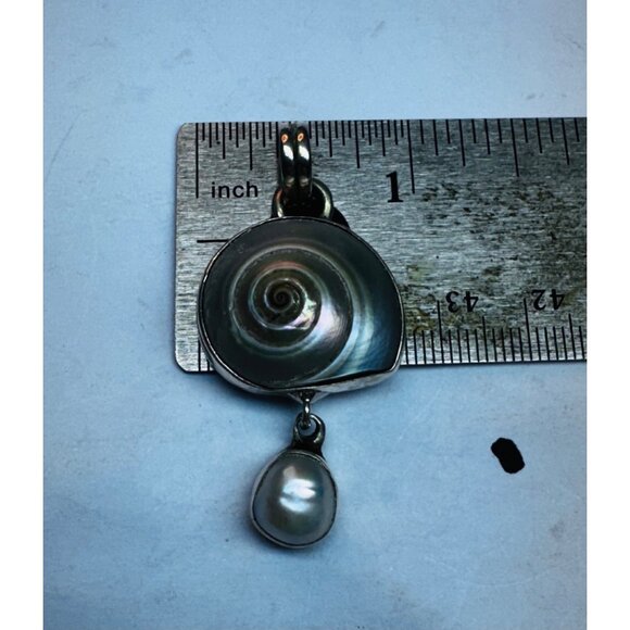 Estate 925 Sterling Silver Shiva Eye Shell Pendant w/ Pearl Drop Sea Jewelry - Picture 5 of 9